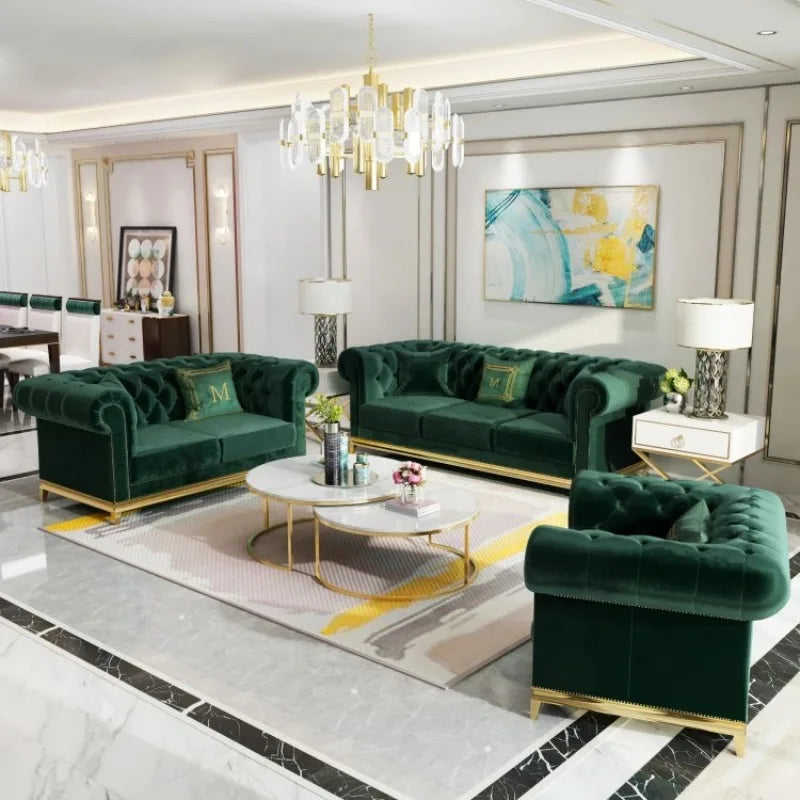 Luxury Green Velvet Sofa Set Living Room Tufted Wood Leg Sponge