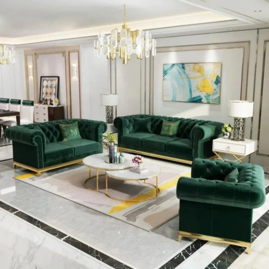 Luxury Green Velvet Sofa Set Living Room Tufted Wood Leg Sponge