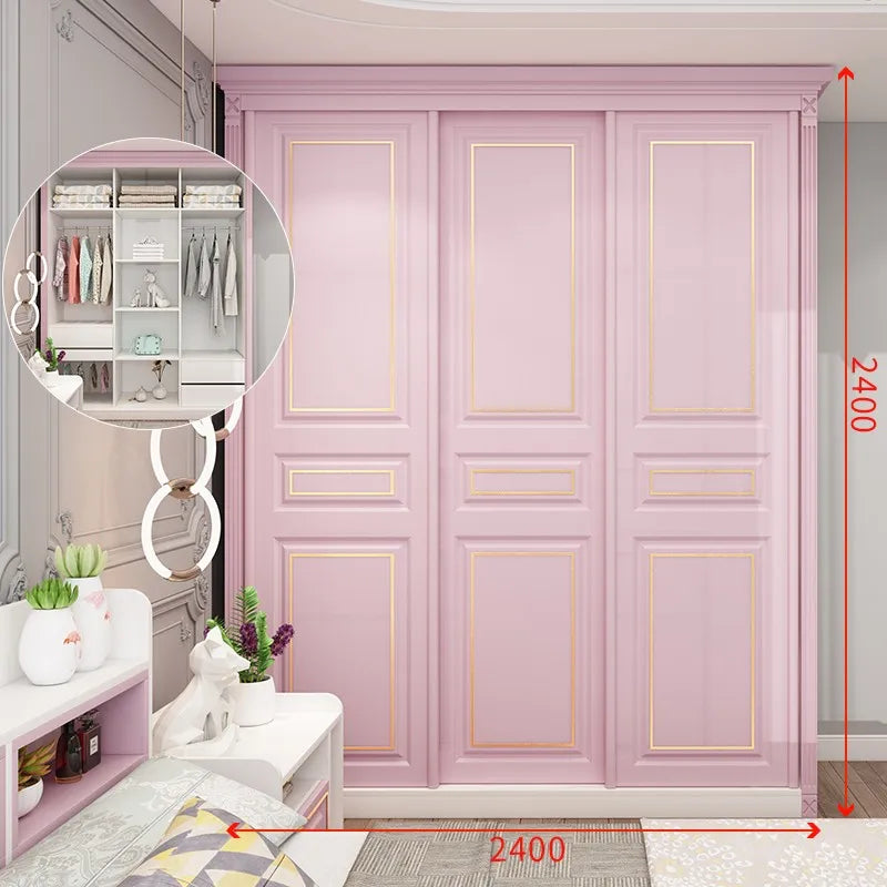 Princess Pink Girl Wardrobe American Room Light Luxury Solid Wood Sliding Door Wardrobe Multifunctional Locker