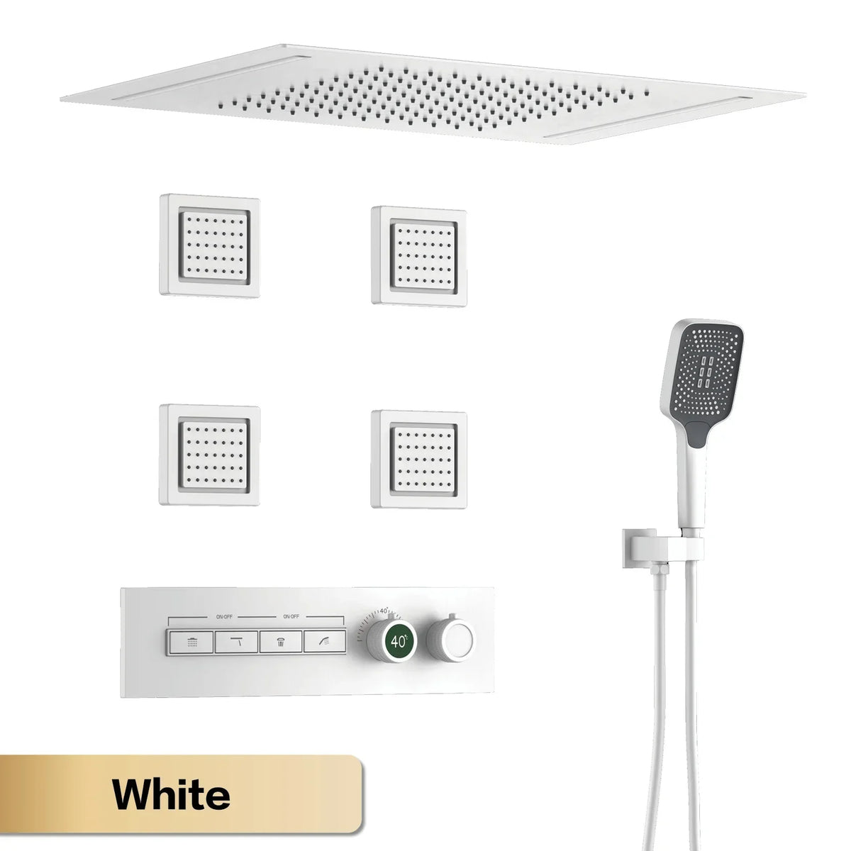 Luxury Gun Grey Brass Thermostatic Shower System Ceiling-Embedded Rainfall&Waterfall Outlet with LED Display Bathroom Mixer Tap