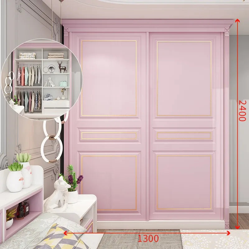 Princess Pink Girl Wardrobe American Room Light Luxury Solid Wood Sliding Door Wardrobe Multifunctional Locker