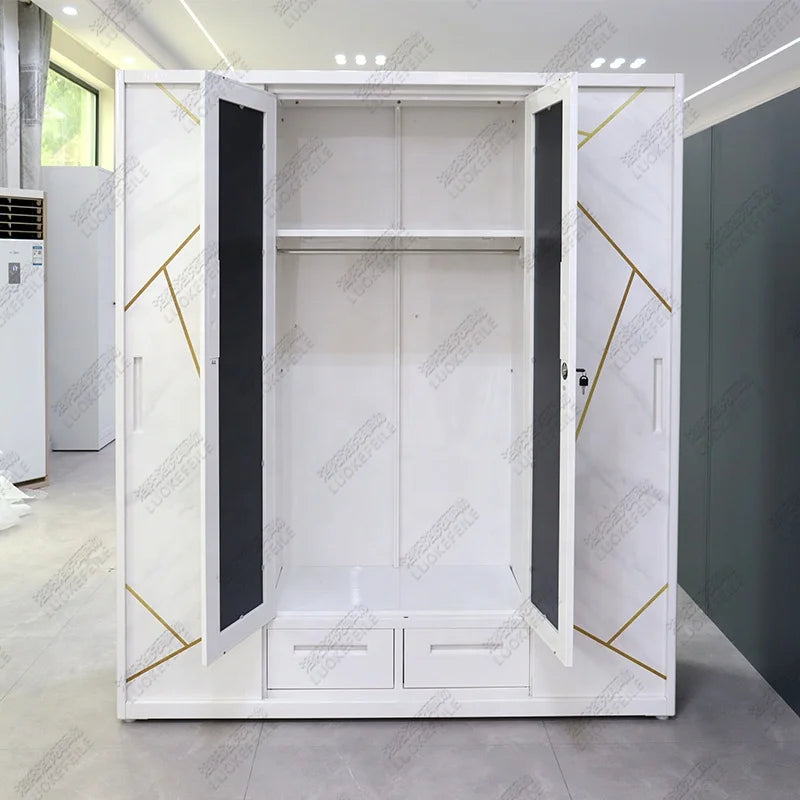 Bedroom Furniture Custom Printed Iron Drawer Mirror Cabinet Sliding 4 Door Metal Steel Wardrobe