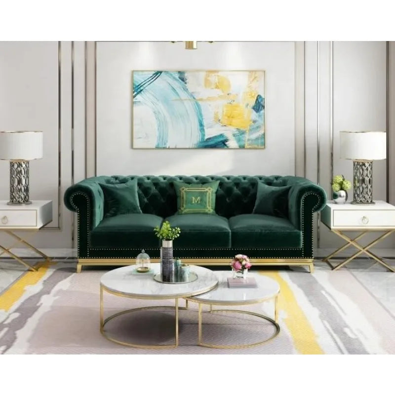 Luxury Green Velvet Sofa Set Living Room Tufted Wood Leg Sponge