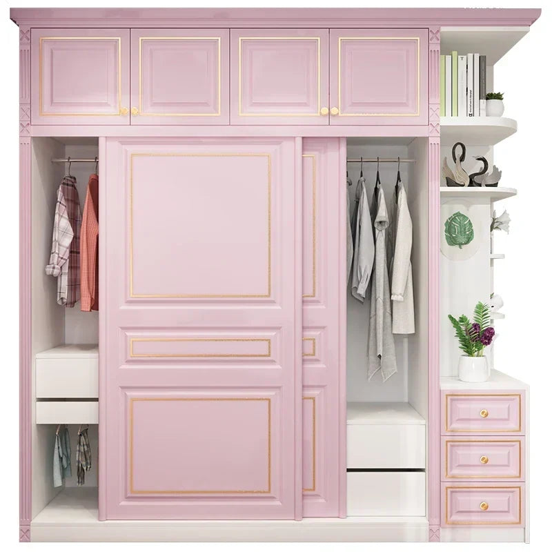Princess Pink Girl Wardrobe American Room Light Luxury Solid Wood Sliding Door Wardrobe Multifunctional Locker