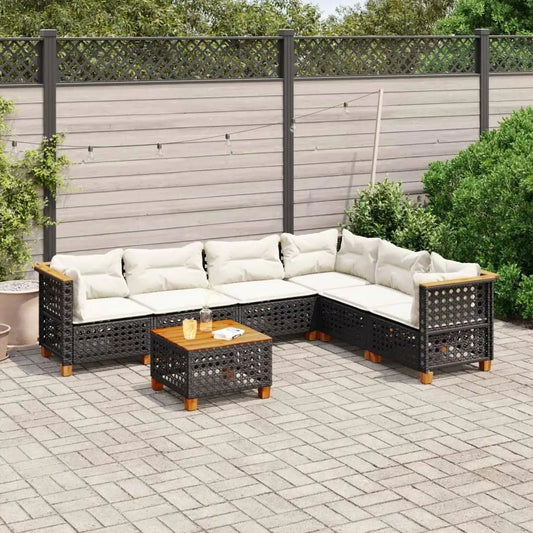 7-Piece Black Poly Rattan Garden Sofa Set with Cushions - Stylish Outdoor Furniture