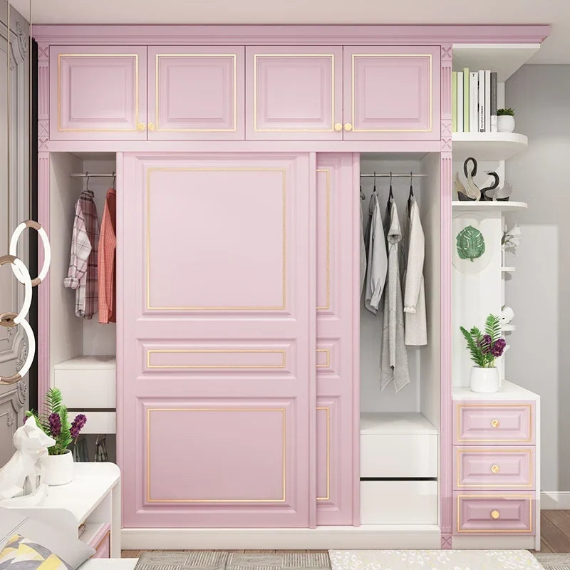 Princess Pink Girl Wardrobe American Room Light Luxury Solid Wood Sliding Door Wardrobe Multifunctional Locker