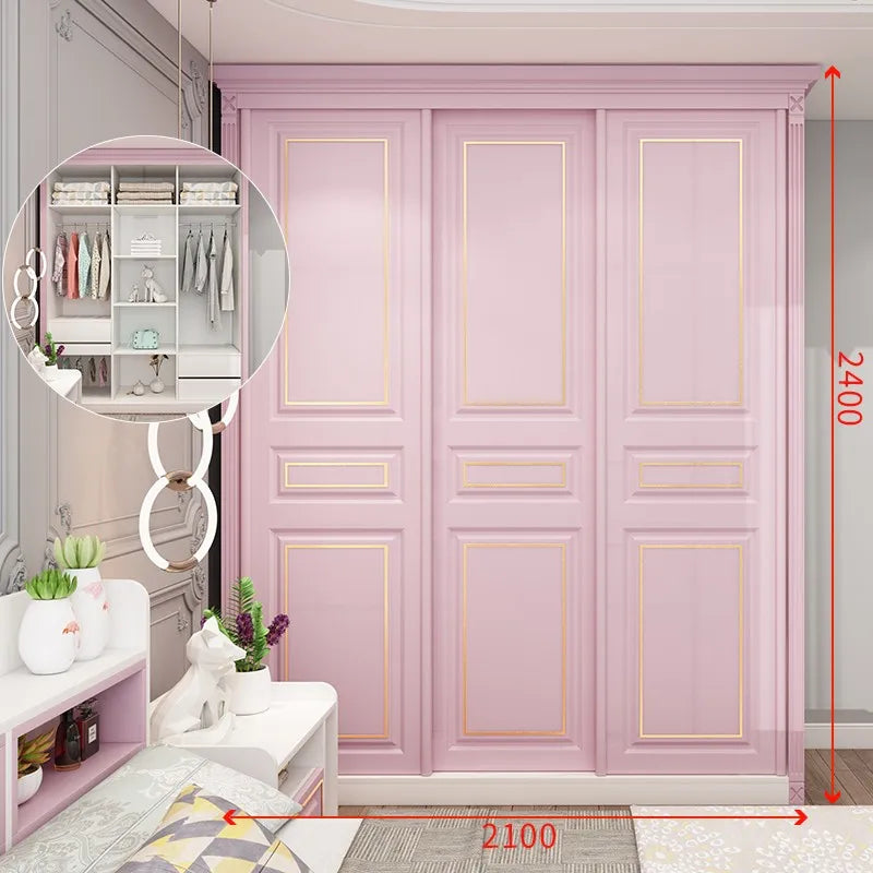 Princess Pink Girl Wardrobe American Room Light Luxury Solid Wood Sliding Door Wardrobe Multifunctional Locker