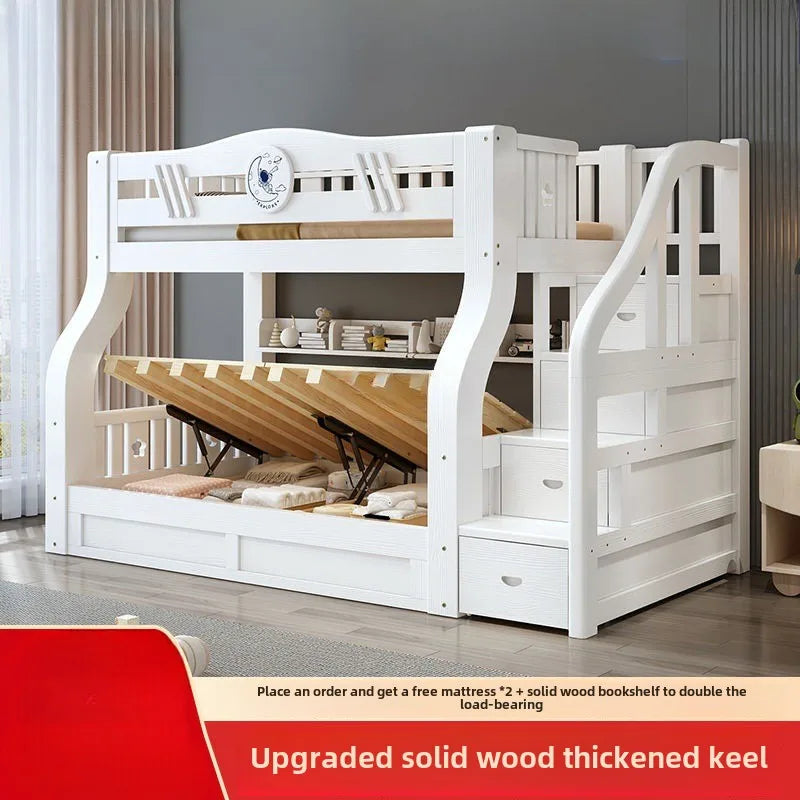 White bunk bed, solid wood , children's , second floor, siblings, upper and lower , letter small apartment, high an