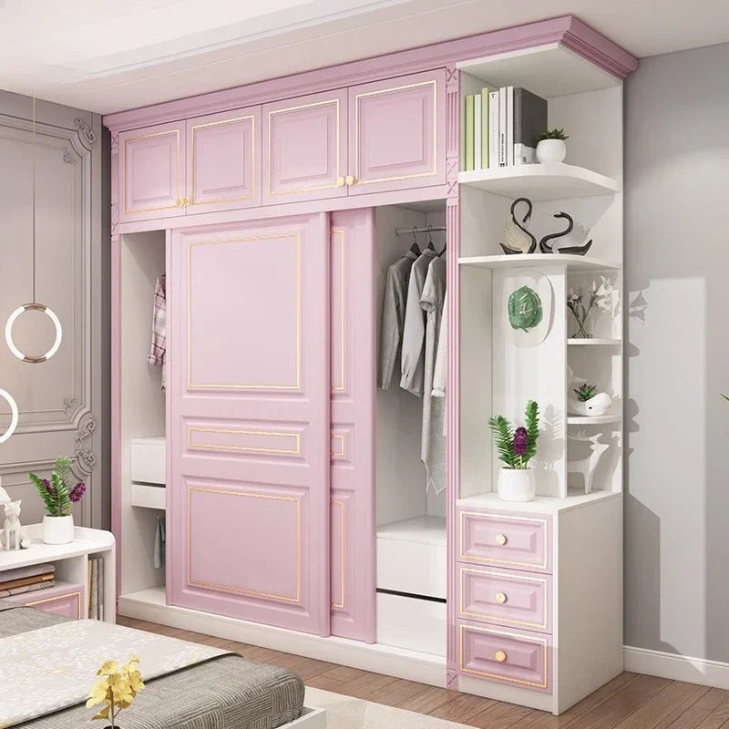 Princess Pink Girl Wardrobe American Room Light Luxury Solid Wood Sliding Door Wardrobe Multifunctional Locker