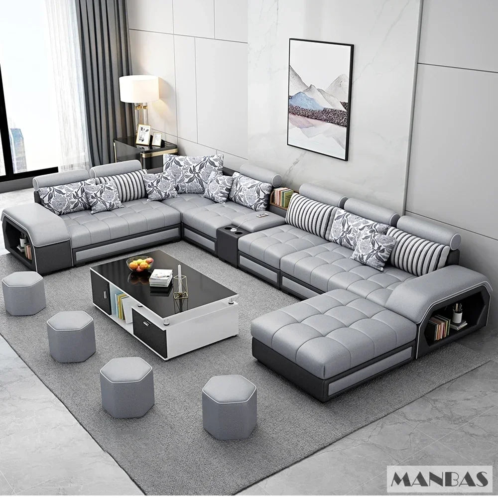 Sofa Set Furniture Living Room Sofa Set with USB and Stools / Big U Shape Cloth Couch Sofas for Home Furniture