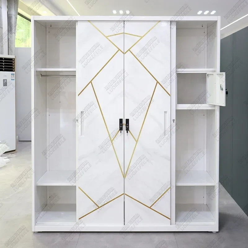 Bedroom Furniture Custom Printed Iron Drawer Mirror Cabinet Sliding 4 Door Metal Steel Wardrobe