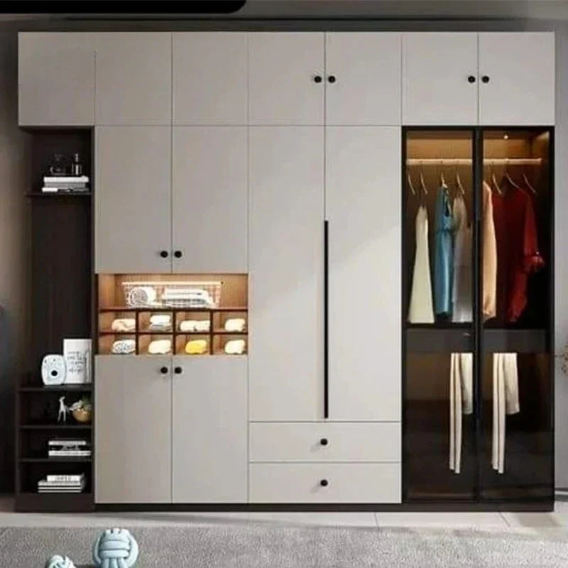 Modern Shaped Wardrobe with LED Light & Sliding Glass Door