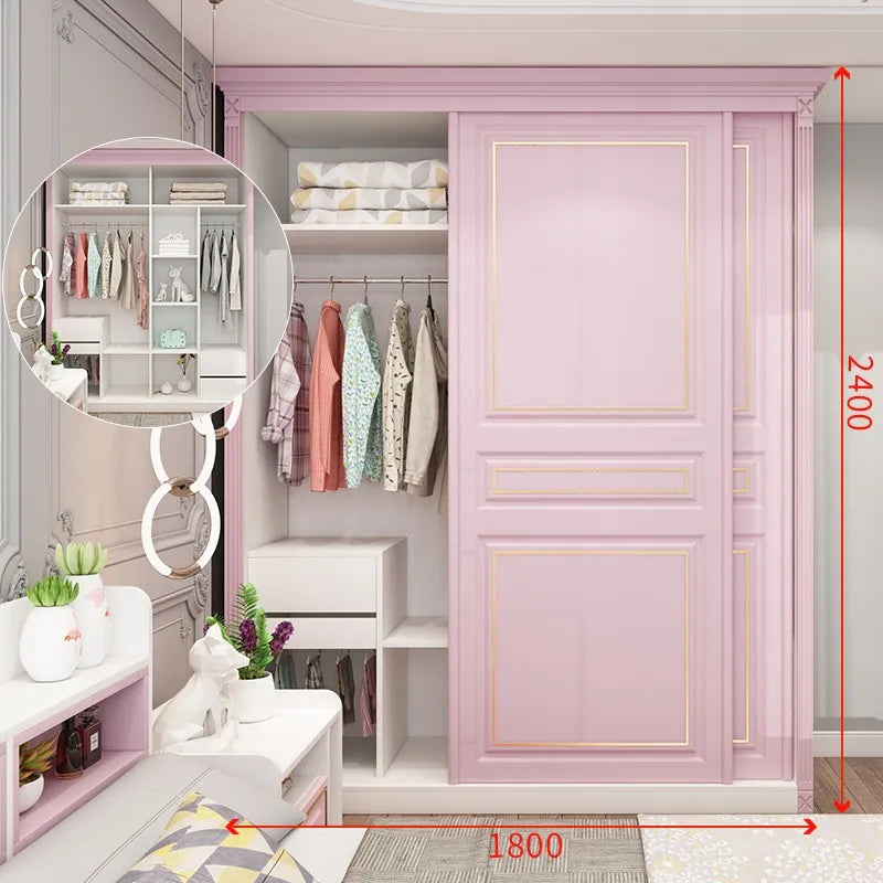 Princess Pink Girl Wardrobe American Room Light Luxury Solid Wood Sliding Door Wardrobe Multifunctional Locker