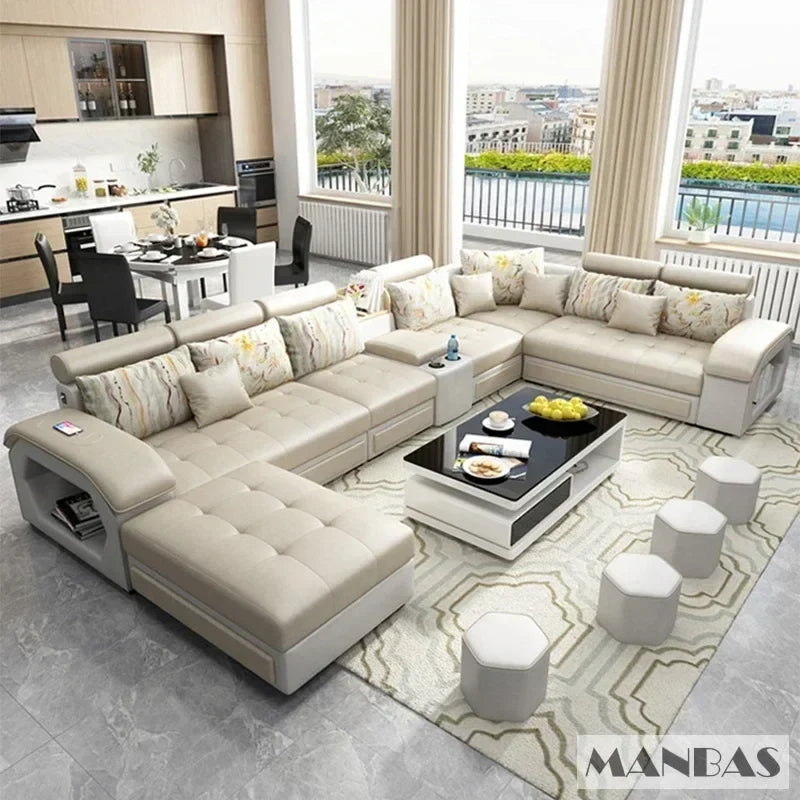 Sofa Set Furniture Living Room Sofa Set with USB and Stools / Big U Shape Cloth Couch Sofas for Home Furniture