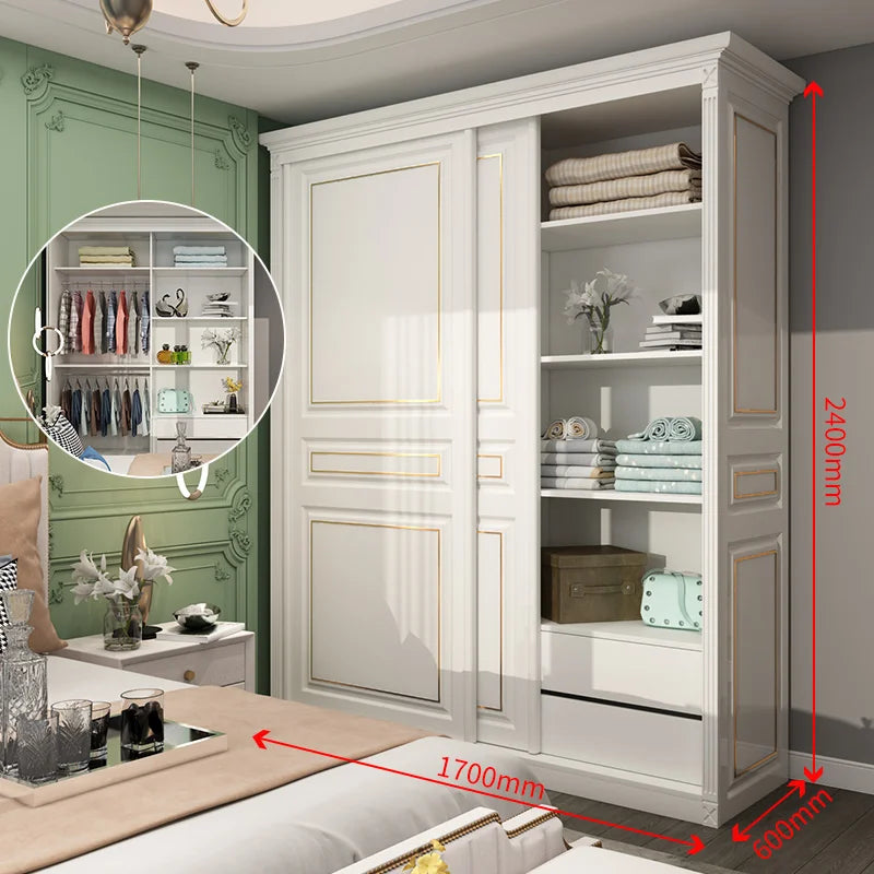 Princess Pink Girl Wardrobe American Room Light Luxury Solid Wood Sliding Door Wardrobe Multifunctional Locker