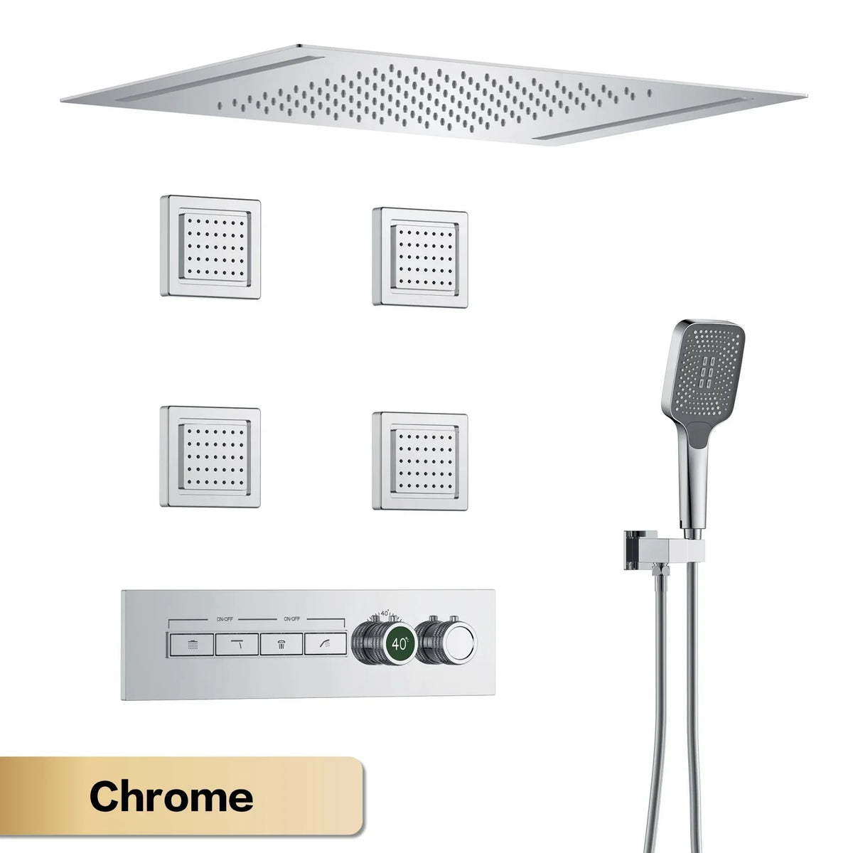Luxury Gun Grey Brass Thermostatic Shower System Ceiling-Embedded Rainfall&Waterfall Outlet with LED Display Bathroom Mixer Tap