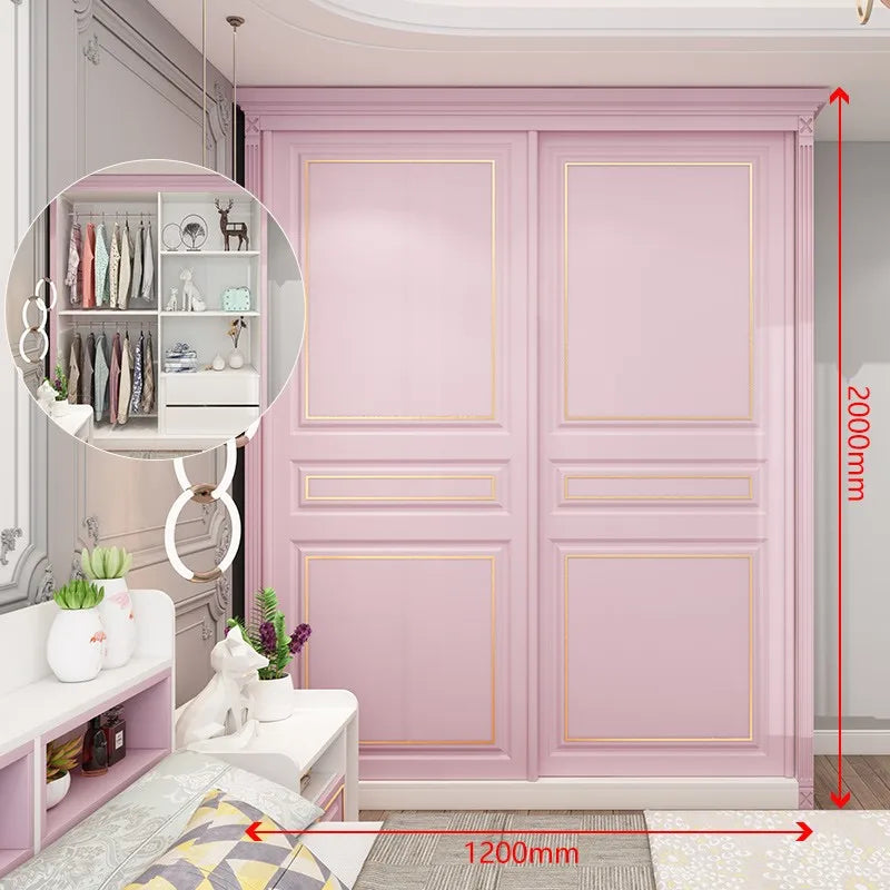 Princess Pink Girl Wardrobe American Room Light Luxury Solid Wood Sliding Door Wardrobe Multifunctional Locker