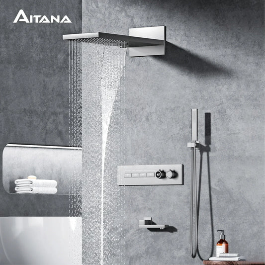 Luxury gun gray brass thermostatic shower system wall mounted LED digital display hot and cold water bathroom embedded faucet
