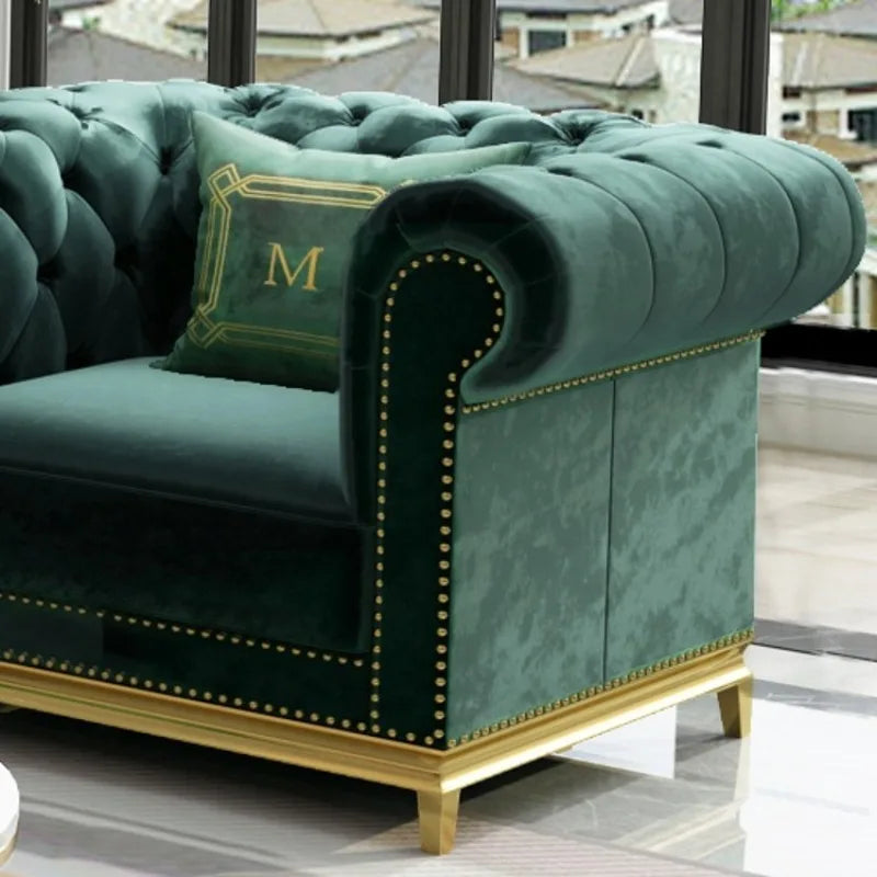 Luxury Green Velvet Sofa Set Living Room Tufted Wood Leg Sponge