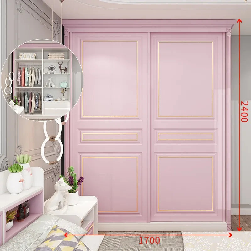 Princess Pink Girl Wardrobe American Room Light Luxury Solid Wood Sliding Door Wardrobe Multifunctional Locker