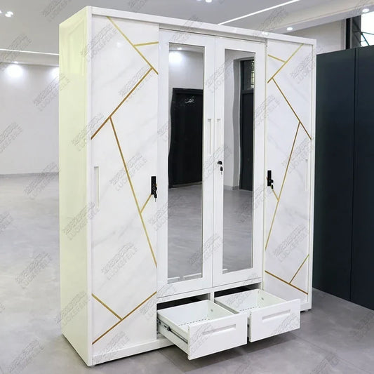 Bedroom Furniture Custom Printed Iron Drawer Mirror Cabinet Sliding 4 Door Metal Steel Wardrobe