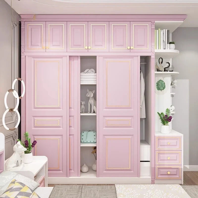 Princess Pink Girl Wardrobe American Room Light Luxury Solid Wood Sliding Door Wardrobe Multifunctional Locker